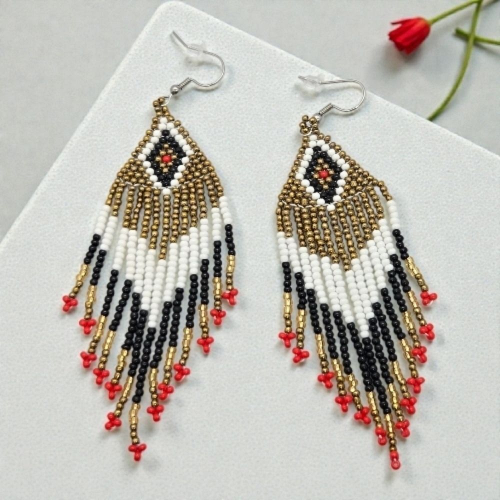 Gold Seed Bead Fringe Chandelier Earrings Southwest Aztec Tribal Statement NWT